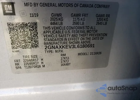 2020 Chevrolet Equinox Lt from USA, damaged, VIN 2GNAXKEV3L6180691